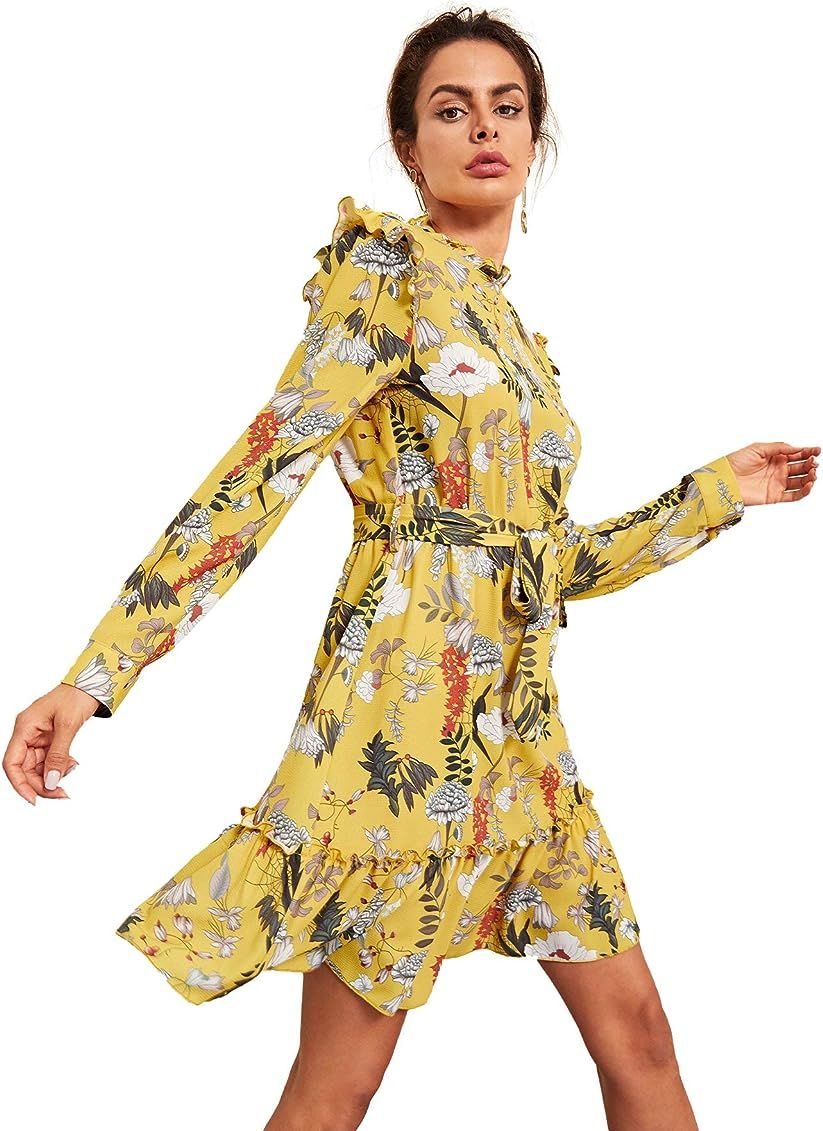 Floerns Women's Long Sleeve Mock Neck Ruffle Floral Print Dress | Amazon (US)