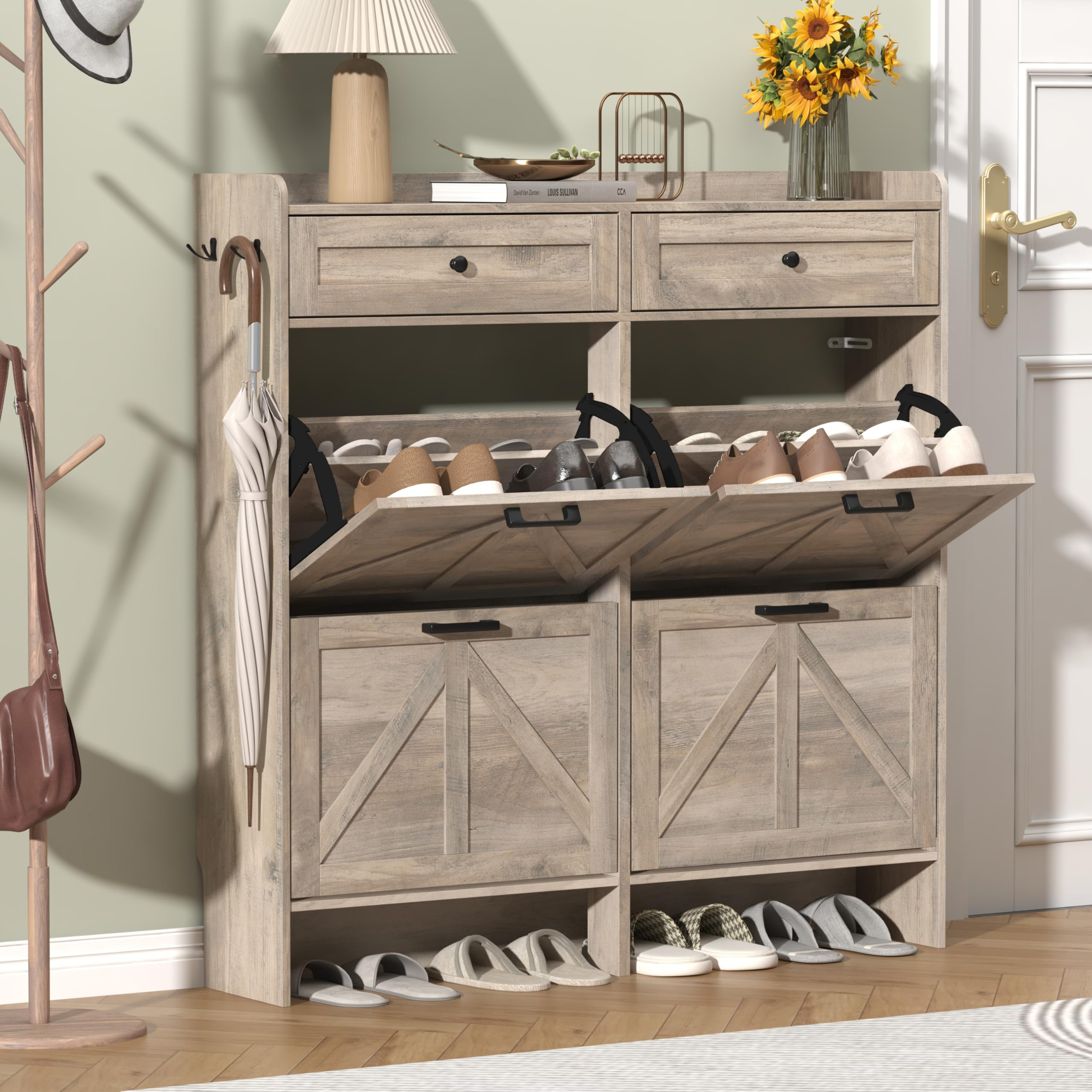 Shoe Cabinet with 4 Flip Drawers & 2 Storage Drawers, Rustic Farmhouse Narrow Shoe Organizer Cabi... | Amazon (US)