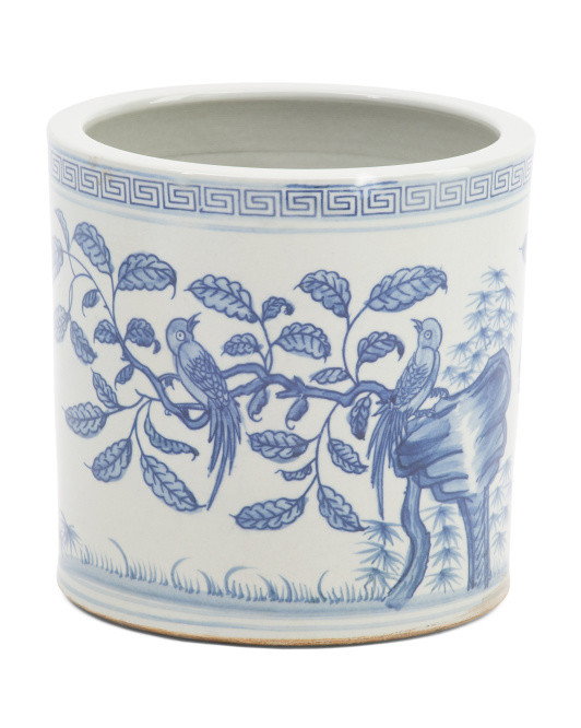 Porcelain Flower And Bird Greek Key Cachepot | Marshalls