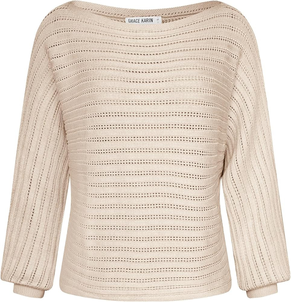 GRACE KARIN Fall Sweaters for Women 2024 Boat Neck Striped Crochet Pullover Sweater Knitted Batwi... | Amazon (US)