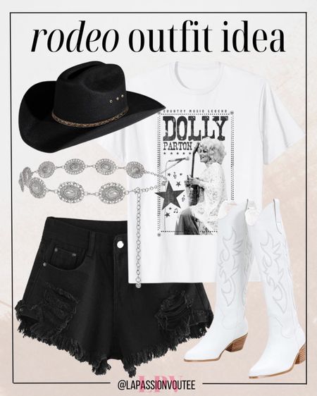 Rock the rodeo scene with this stylish ensemble! Pair black denim shorts with a vintage-inspired white 'Country Music Legend' t-shirt for a classic look. Add some boho charm with chain belts, then top it off with a cowgirl hat and boots for an effortlessly cool vibe that's perfect for any country outing.

#LTKstyletip #LTKfindsunder100 #LTKfindsunder50