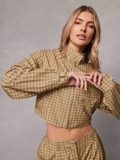 Hauture Fashionable Zip Decor Jacket Coat, Retro Plaid Crop Top | SHEIN