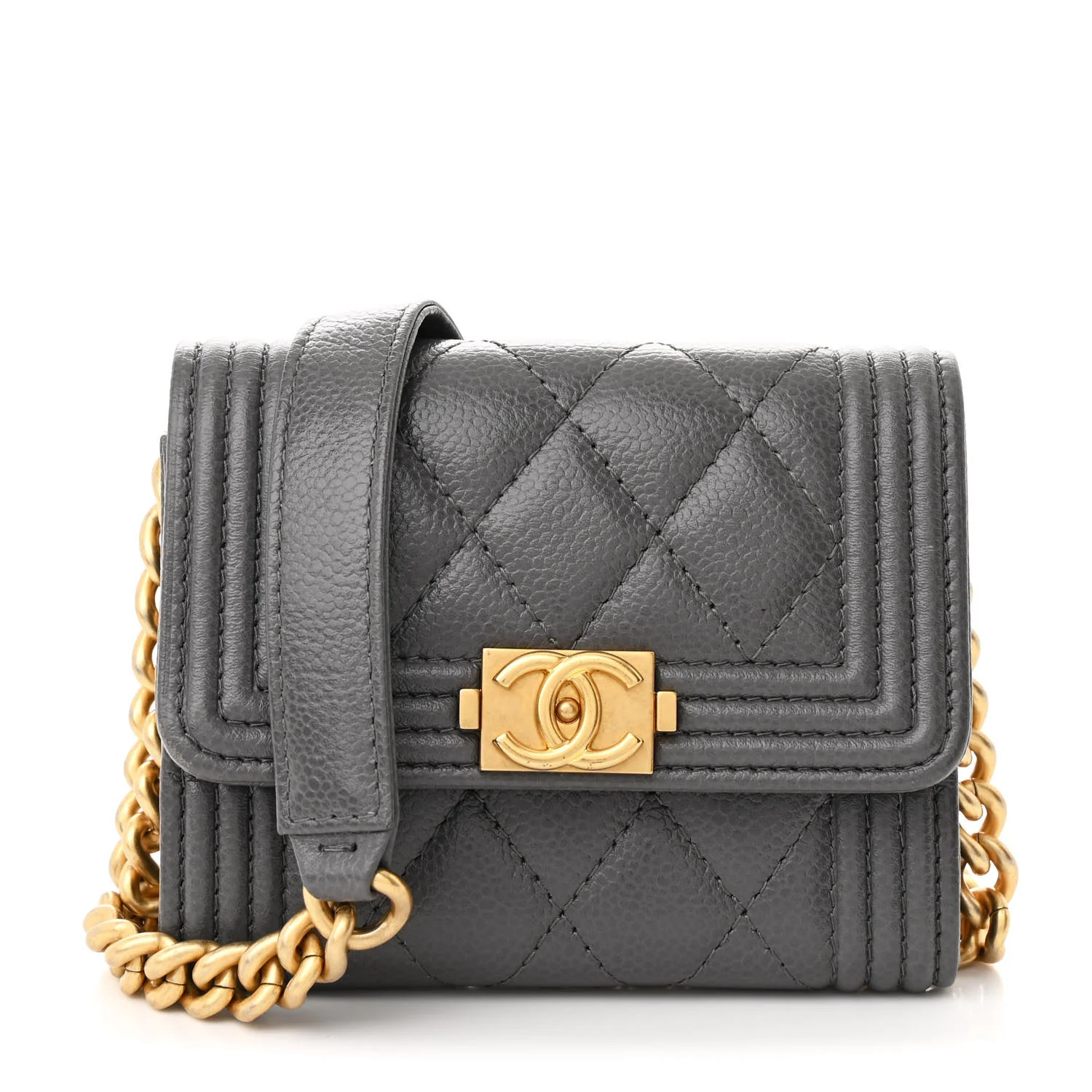 Caviar Quilted Boy Card Holder On Chain Grey | FASHIONPHILE (US)