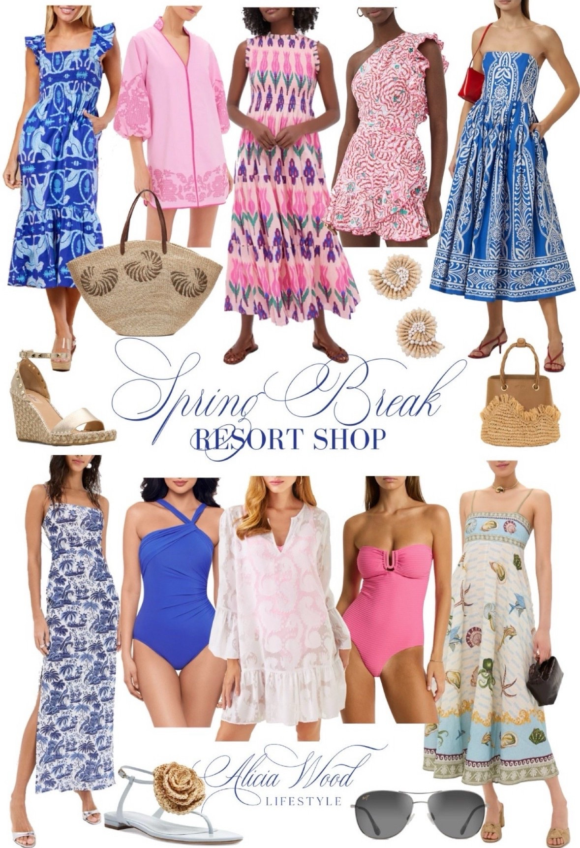 Spring Break Resort Shop

Blue ikat midi dress 
Pink embroidered mini dress 
Geometric maxi dress 
One shoulder mini dress 
Strapless blue and white print midi dress
 Beach tote with woven shells 
Shell raffia earrings 
Raffia and leather frayed mini bag
Blue and white toile print maxi dress 
Blue one piece suit with halter neckline
White coverup 
Pink UBar strapless suit with removeable straps  
Under the Eea graphic print midi dress 
Sliver metallic flat sandal with floral detail 
Rockstud wedge sandal 
Ray Ban Aviator sunglasses 

https://www.aliciawoodlifestyle.com/resort-shop/

#LTKOver40 #LTKSeasonal #LTKStyleTip