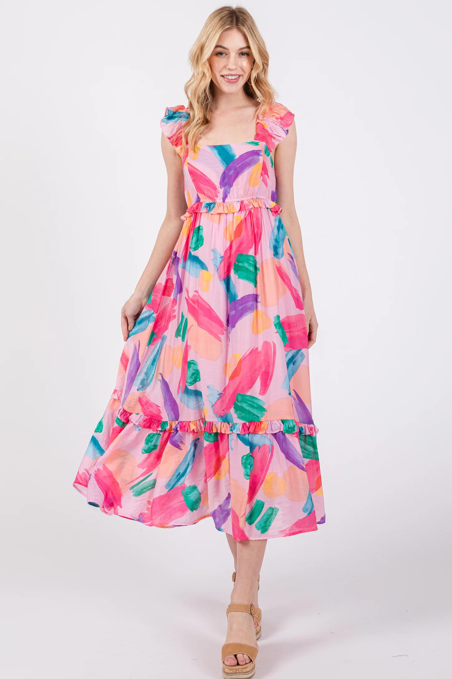 Pink Watercolor Print Ruffle Accent Midi Dress | PinkBlush Maternity