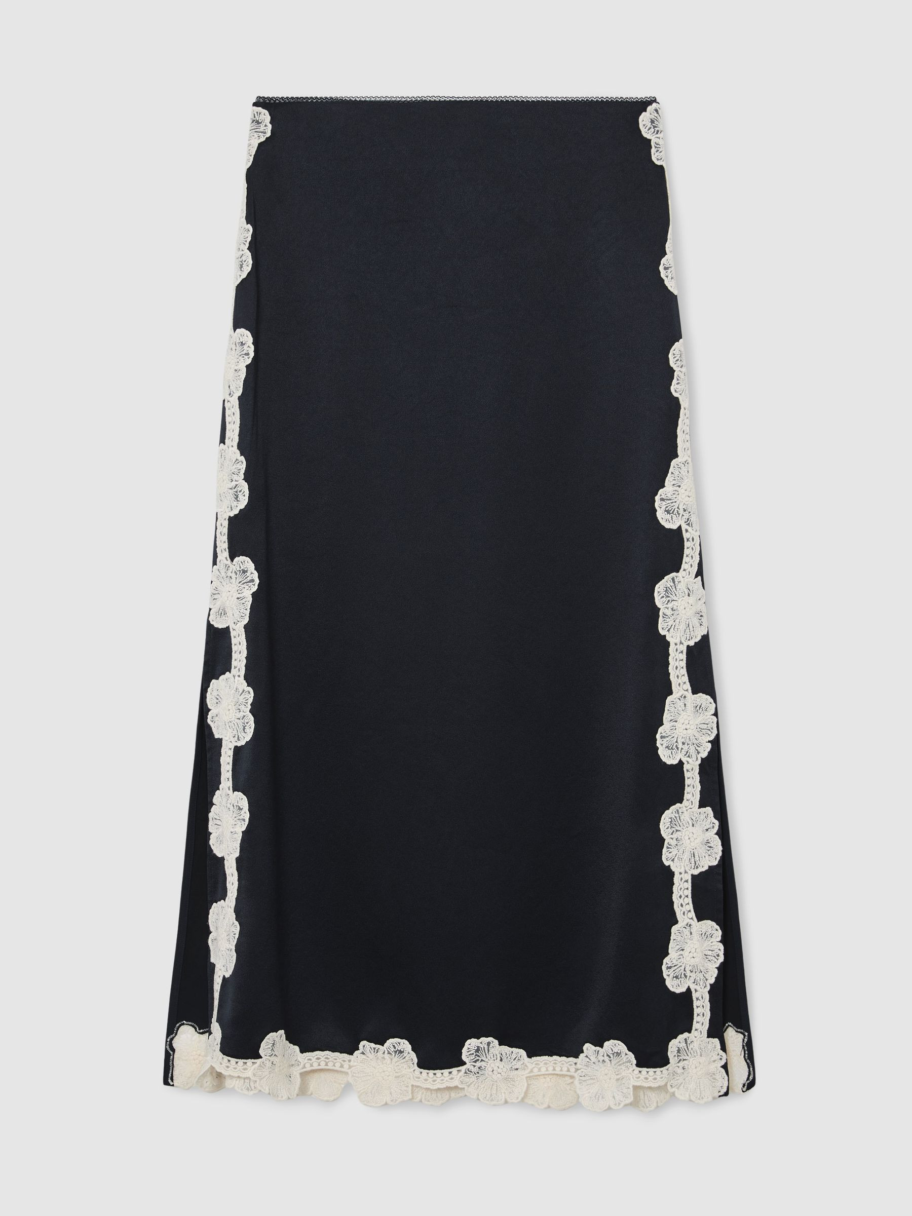 Reiss Satin Floral-Lace Trim Midi Skirt in Navy | REISS | Reiss US