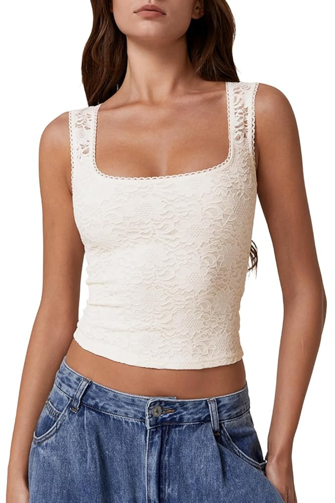 QINSEN Womens Lace Trim Square Neck Sleeveless Tank Tops Double-Layer Slim Fit T Shirt Crop Tops | Amazon (US)
