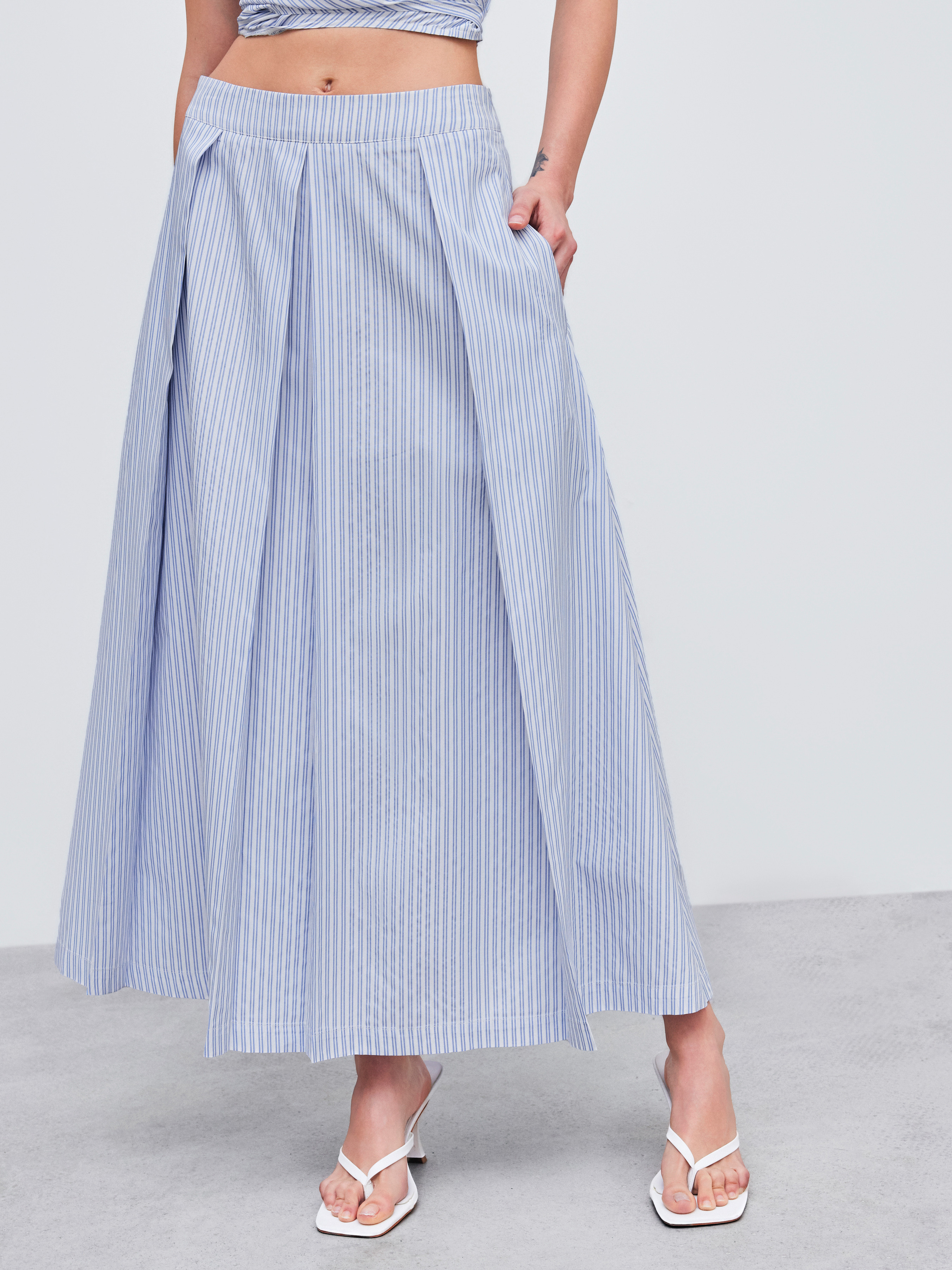 Woven Woven Mid Rise Striped Pleated Maxi Skirt For Work | Cider