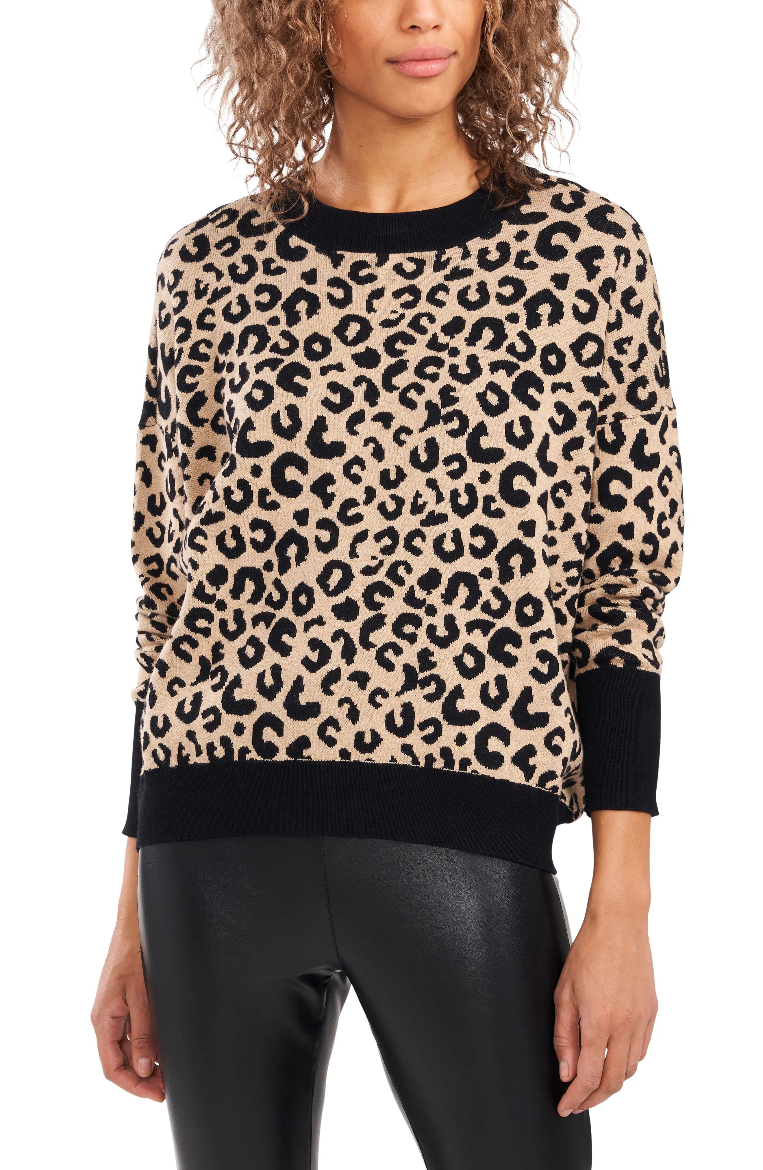 Vince Camuto Leopard Jacquard Crewneck Sweater in Rich Black at Nordstrom, Size Large | Nordstrom