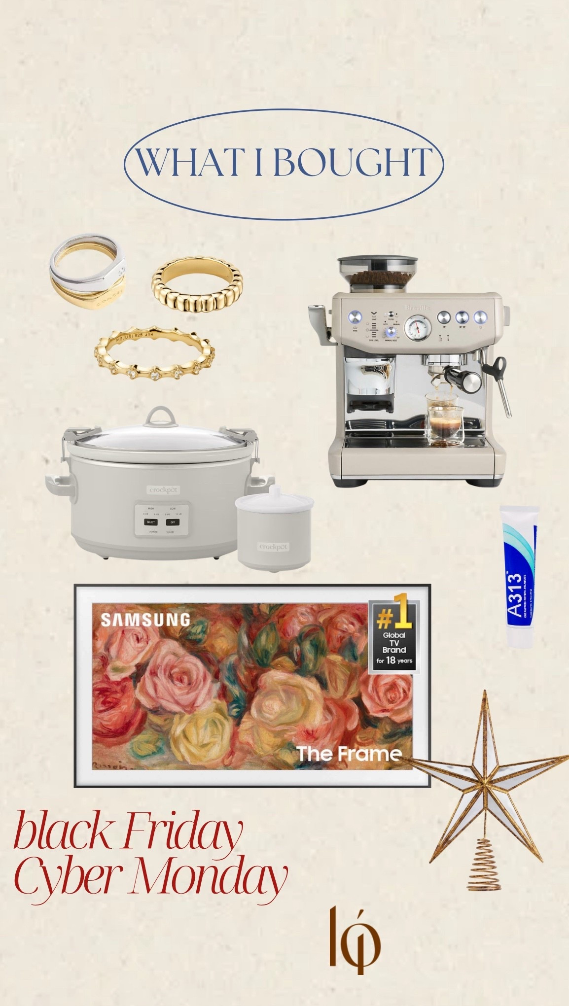 Everything I bought during sales!!
Samsung frame tv
Espresso machine 
Breville impressive 
Croc pot 
Gold jewelry
Retinols
Tree topper 

#LTKGiftGuide #LTKCyberWeek #LTKHoliday