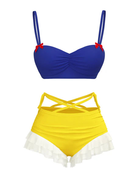 Yellow & Blue 1950s Snow White Style Ruffled Swimsuit | Retro Stage