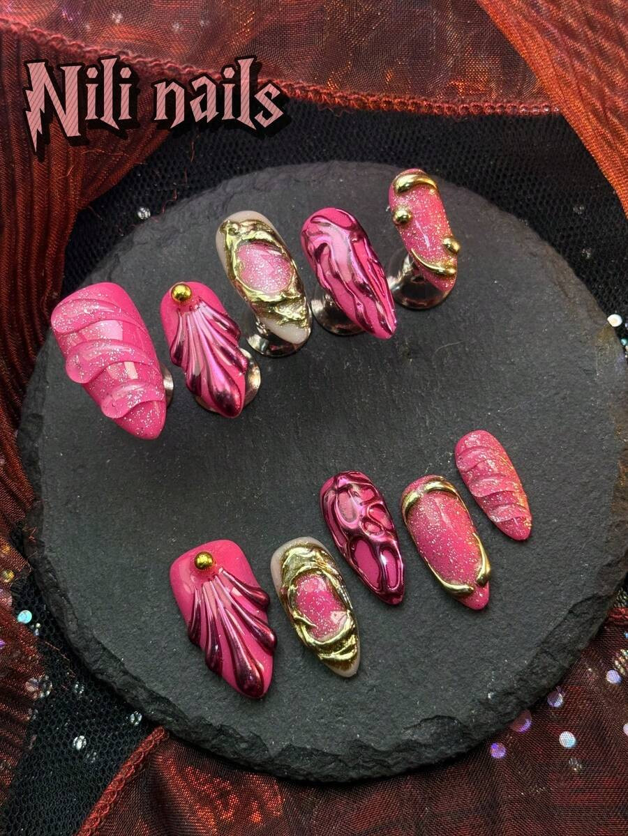 10pcs/Set Handmade Almond Y2K Baddie Style Press On Nails, Rose Red Nails Hand Drawn Asymmetrical... | SHEIN