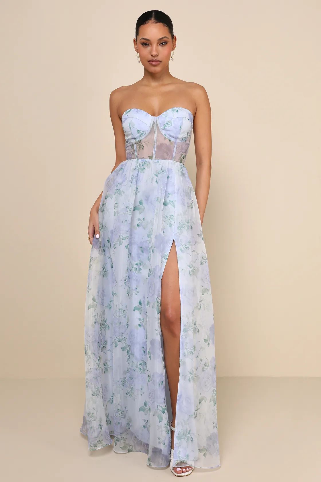 Charming Sweetness Periwinkle Floral Organza Bustier Maxi Dress | Lulus
