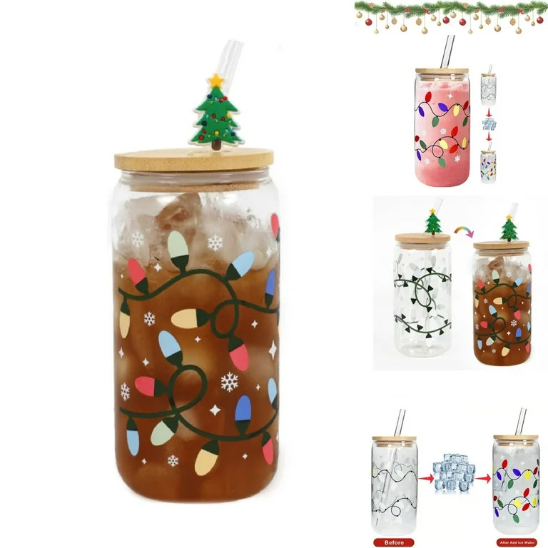 Color Changing Christmas Cup,16oz Cute Holiday Iced Coffee Glasses with Bamboo Leakproof Lid,Glas... | Walmart (US)