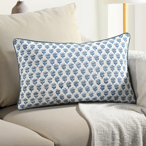 CPC Apatite Blue 100% Cotton Block Print Sham Cover 12x20 inch, Handmade Boho Floral Pillowcase, ... | Amazon (US)