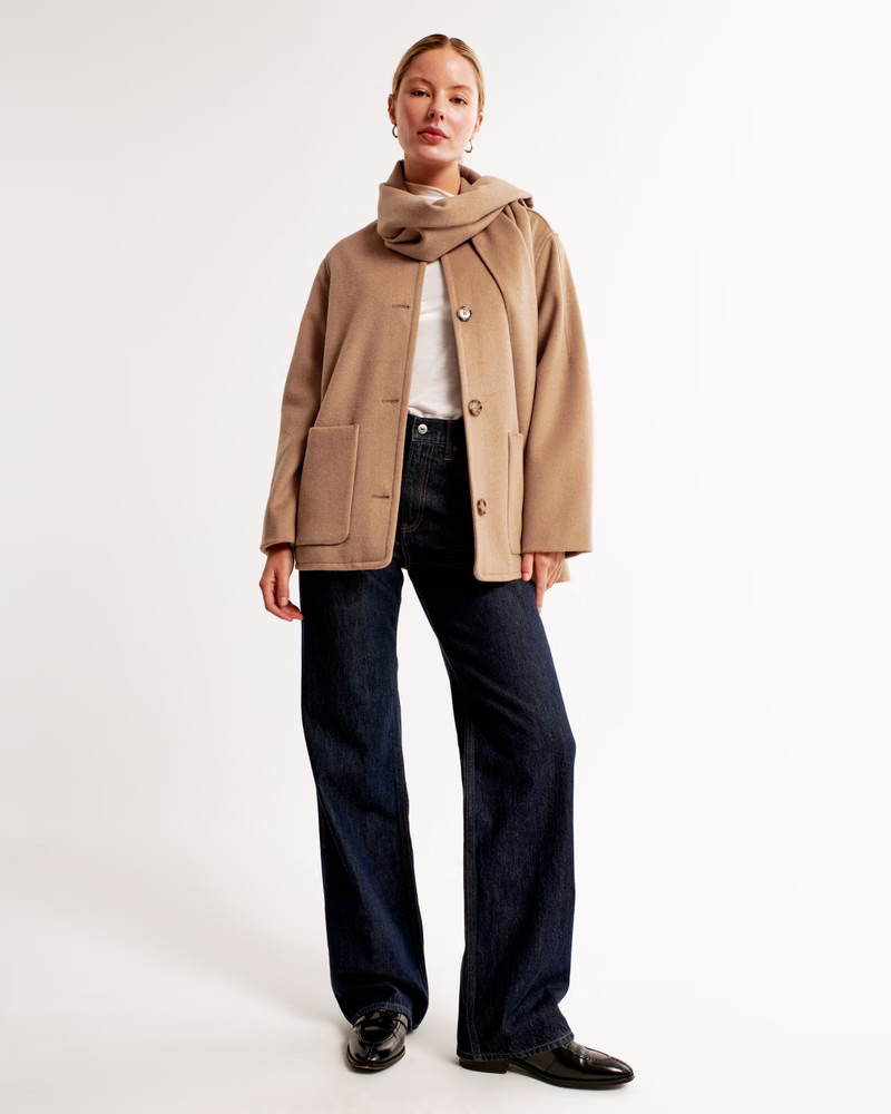 Removable Scarf Wool-Blend Coat | Abercrombie & Fitch (US)