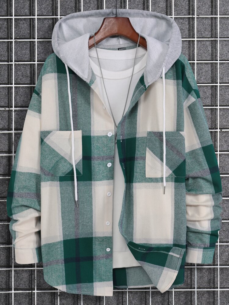 Men Plaid Dual Pocket Drawstring Hooded Shirt Without Tee | SHEIN