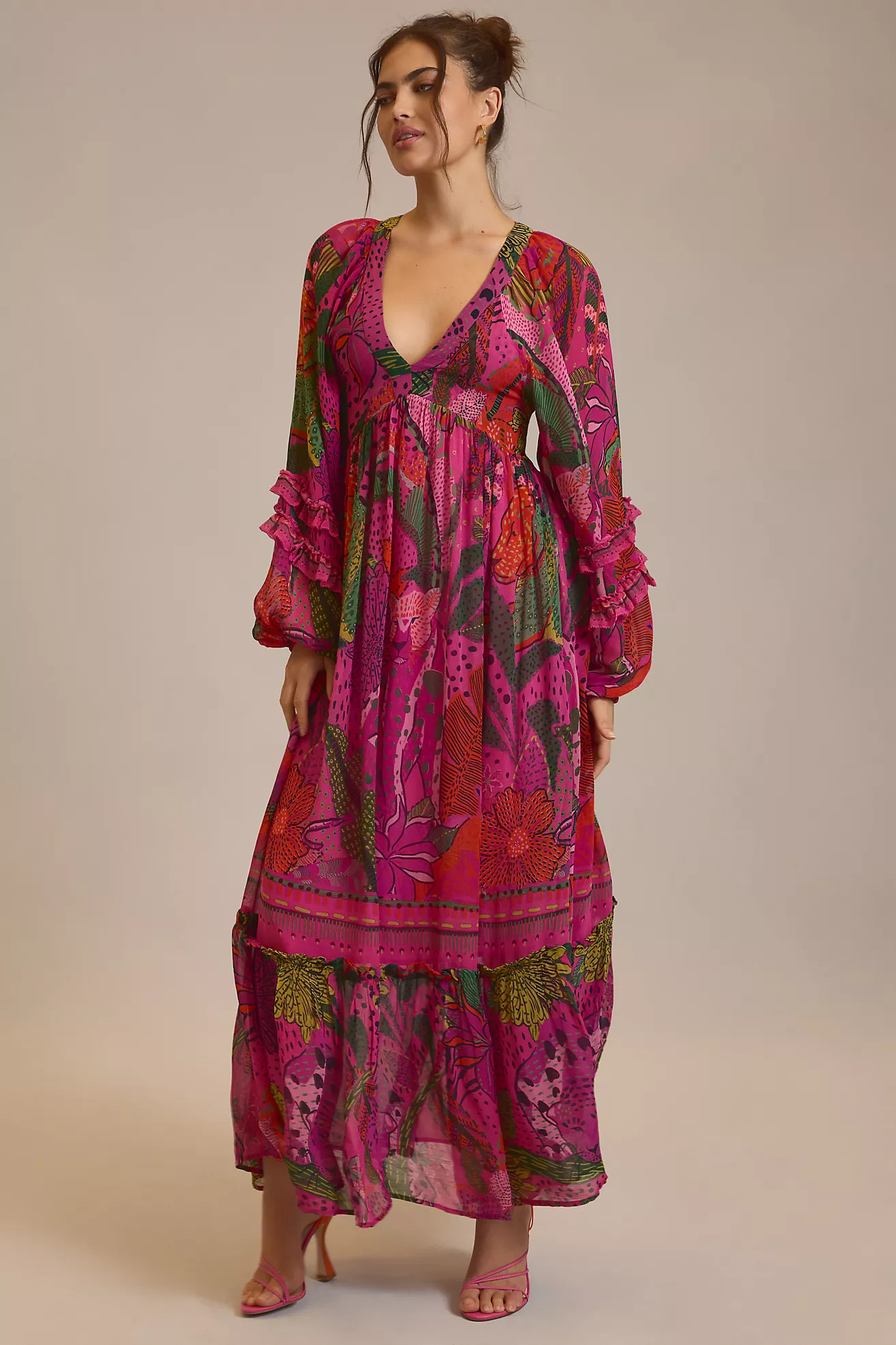 Farm Rio Long-Sleeve V-Neck Dress | Anthropologie (US)