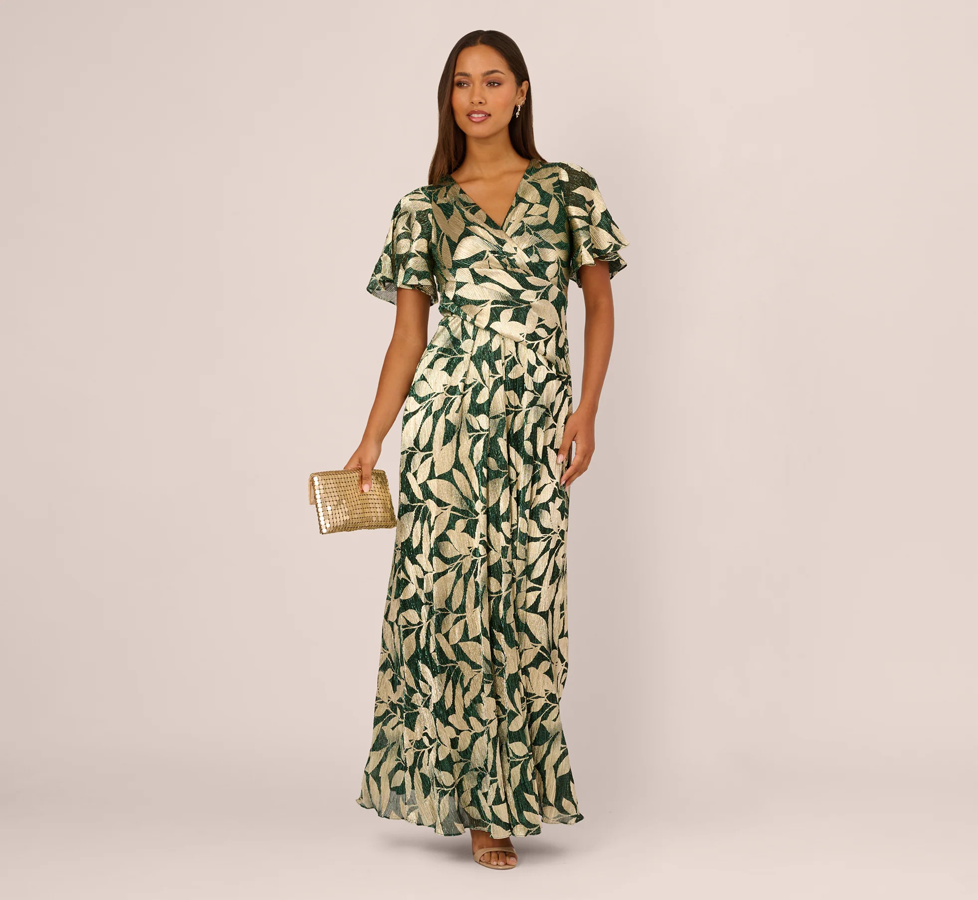 Foil Leaf Short Sleeve Gown With Draped Details In Green Pine Gold | Adrianna Papell