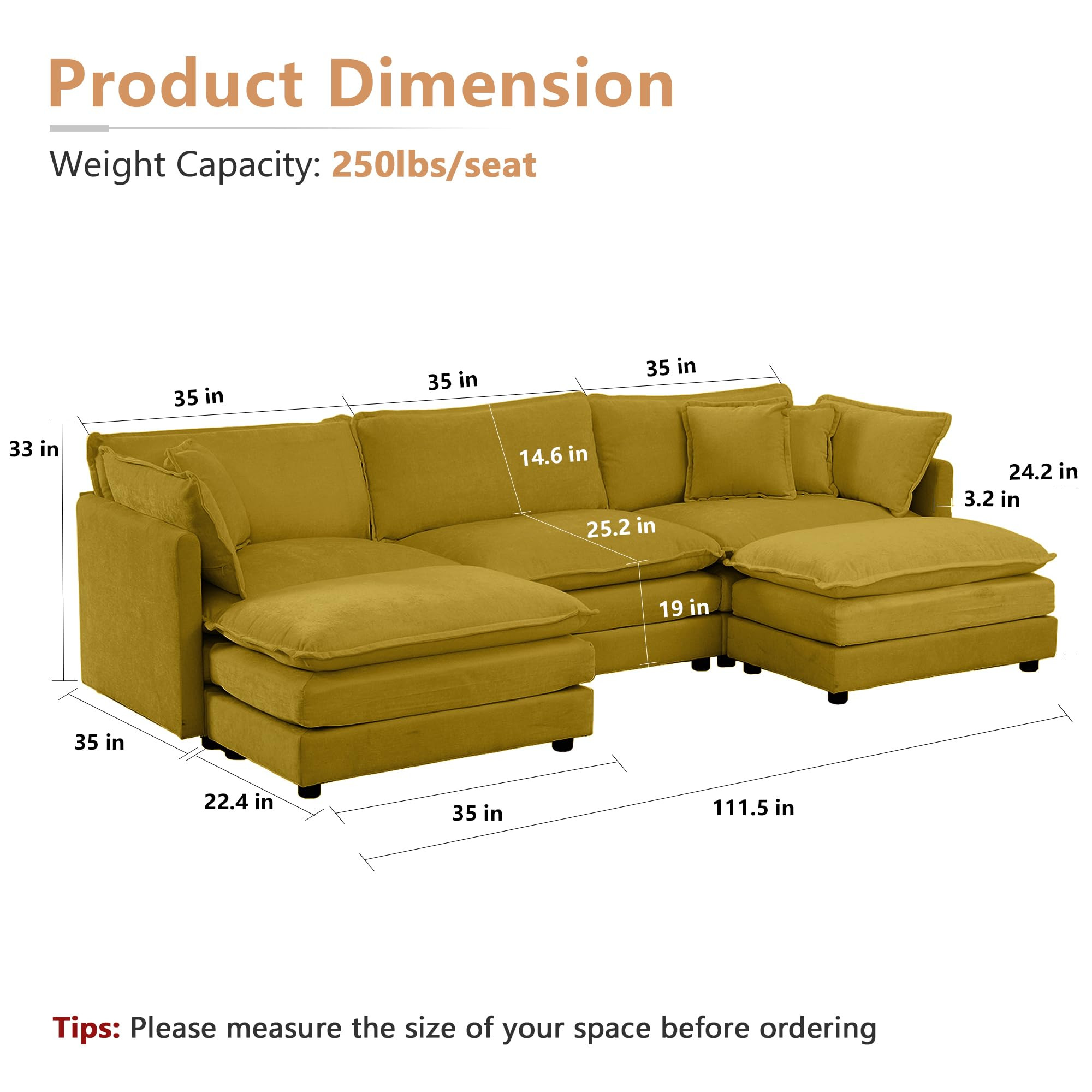 mikibama Modular Sectional Sofa, 111.5 Inch U Shaped Couch Set for Living Room, 3-Seater Comfy Cl... | Amazon (US)