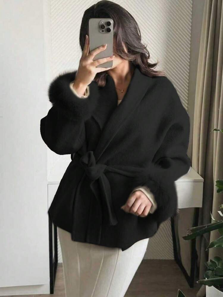 Romantic, Elegant, Minimalist Casual Fashion Commuter Long Sleeve Warm Coat, Solid Color Faux Fur Trim, Women Jacket For Holiday, Night Out, Office, Vacation, Autumn/Winter | SHEIN