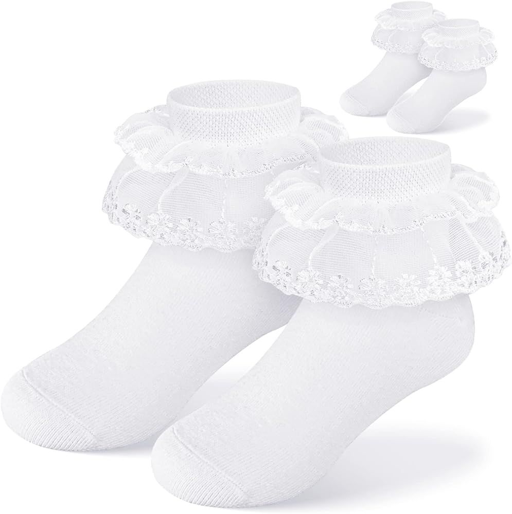 Courpal 2 Pairs White Ruffle Socks White Lace Socks White Frilly Socks White Lace Trim with Doubl... | Amazon (US)