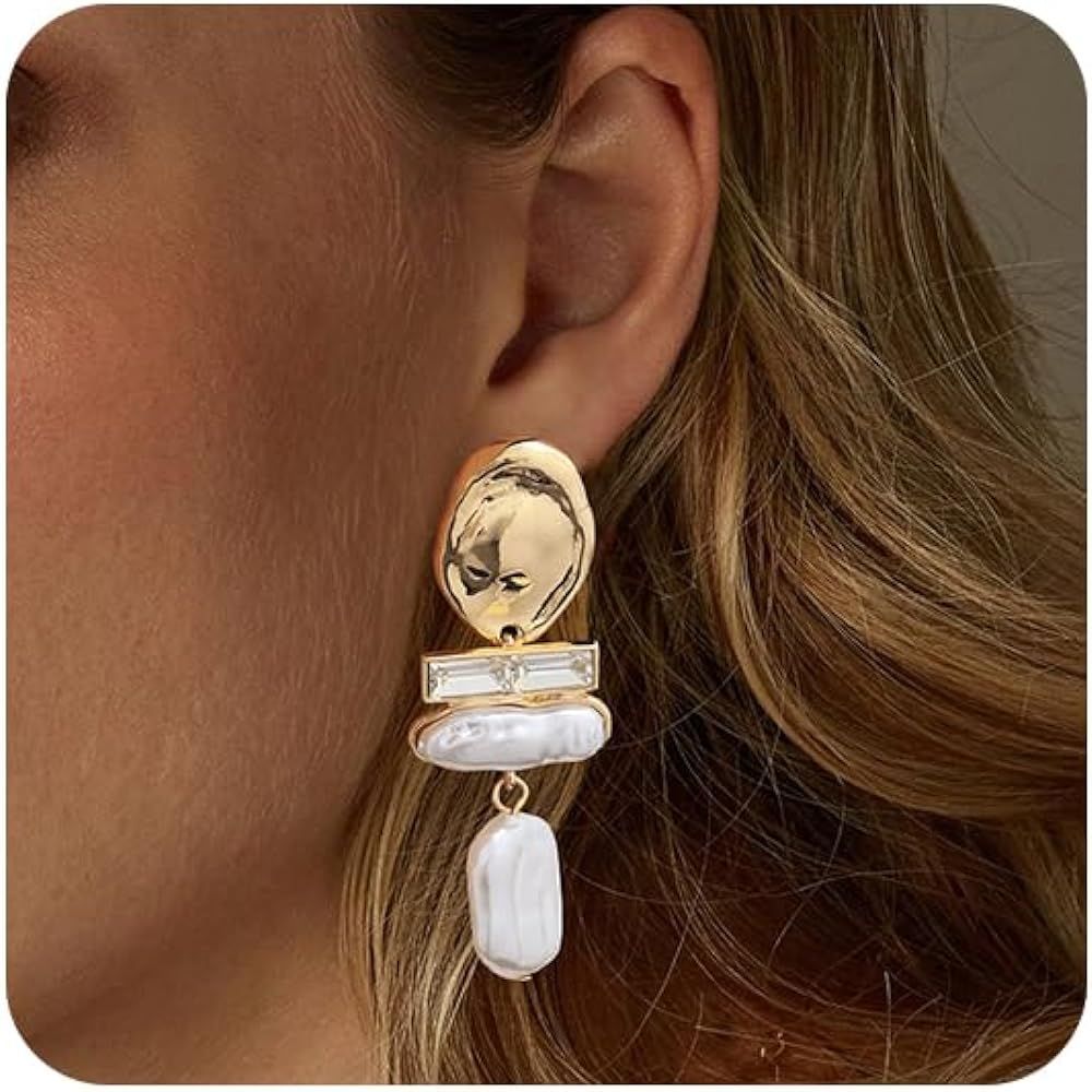 FUNEIA Statement Gold Pearl Earrings for Women Trendy 14K Gold Plated Dangle Earrings Elegant For... | Amazon (US)