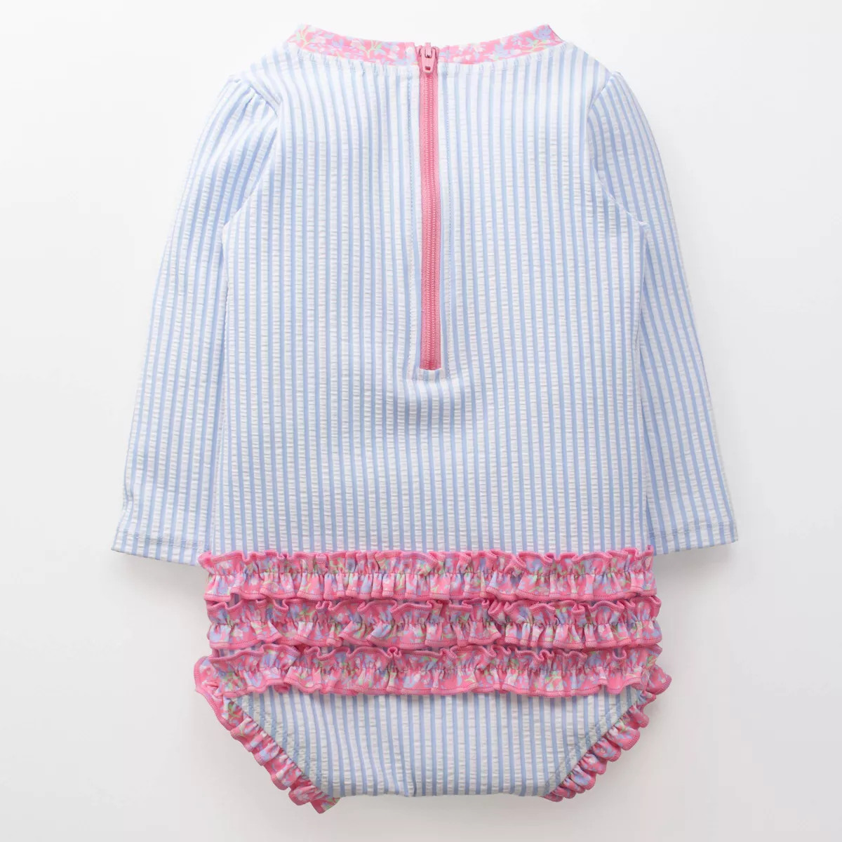 RuffleButts Toddler Girls' Seersucker Long Sleeve Rash Guard One Piece Swimsuit - Blue 3T | Target