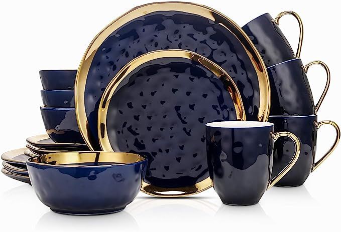 Stone Lain Porcelain 16 Piece Dinnerware Set, Service for 4, Blue and Golden Rim, Dark Blue | Amazon (US)