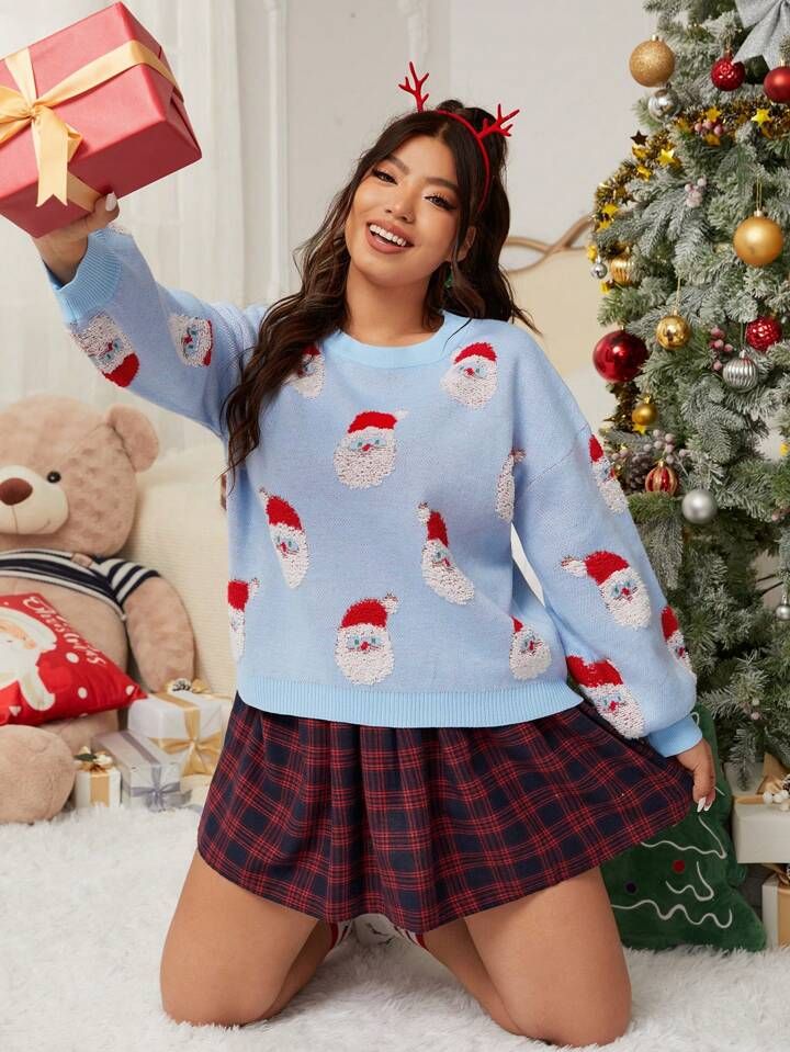 SHEIN Qutie Plus Christmas Santa Claus Pattern Drop Shoulder Sweater | SHEIN