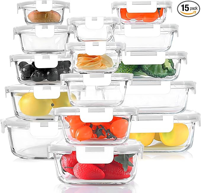 30 Pieces Glass Food Storage Containers Set, Glass Meal Prep Containers Set with Snap Locking Lid... | Amazon (US)