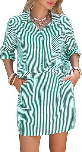 EXLURA Womens Summer 2 Piece Sets 100% Cotton Striped Long Sleeve Button Shirts Matching Skirt Be... | Amazon (US)