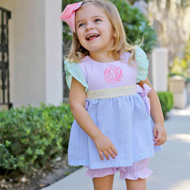 Multi Stripe Seersucker Avery Bloomer Set | Classic Whimsy