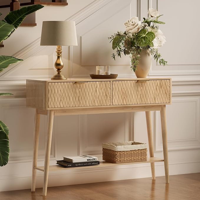 Console Table with Solid Wood Legs, Boho Modern Entryway Table with Storage Drawers, Fluted Narro... | Amazon (US)