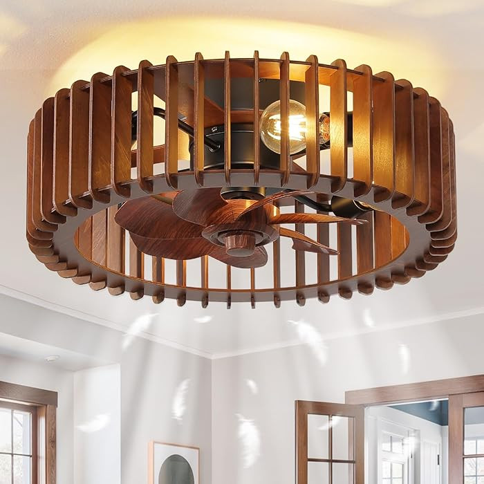 20'' Flush Mount Caged Ceiling Fan with Light, Wooden Low Profile Ceiling Fan with Light and Remo... | Amazon (US)