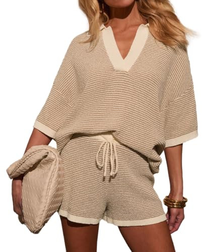 Womens Crochet Short Sets 2 Piece Outfits Half Sleeve V Neck Knit Top High Waisted Shorts Striped... | Amazon (US)