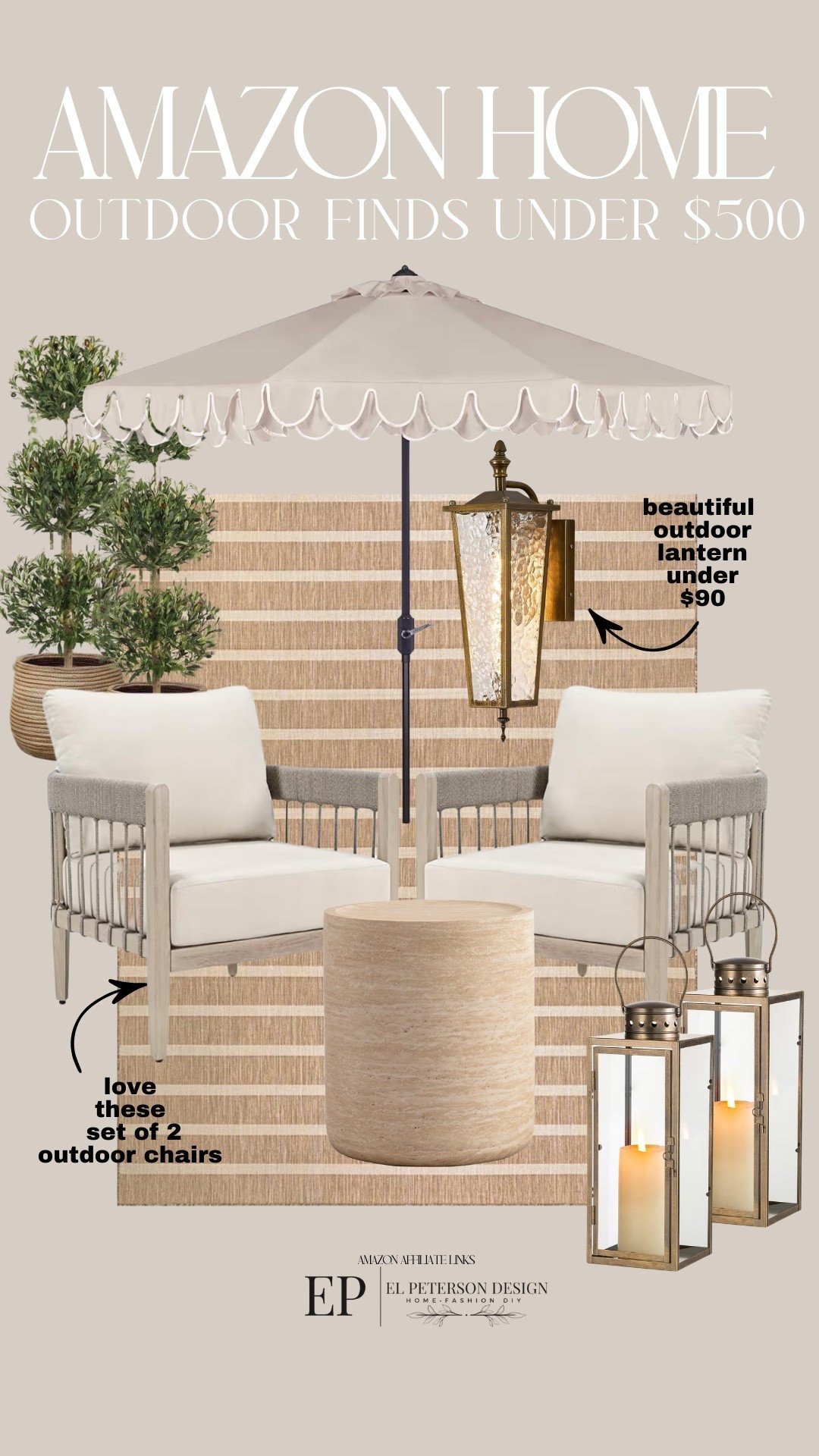 Amazon Outdoors
Outdoor chairs
Rug
Accent Table
Outdoor umbrella
Topiary
Lantern
Floor lantern 

#LTKHome