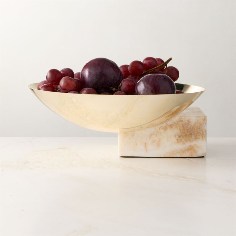 Akri Champagne Gold Stainless Steel and Cream Onyx Low Serving Bowl | CB2