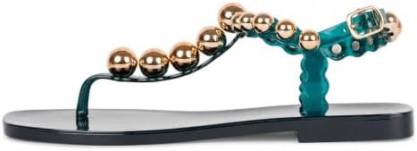 Women's Jelly Flat Thong Sandals Metal Beads Square Toe Buckle Strap Summer Casual Sandals | Amazon (US)