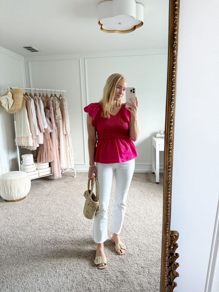 Love the color and eyelet sleeve detail on this Walmart top! I have it paired with my Nordstrom Mother Jeans and favorite Sam Edelman sandals for a cute vacation look! Wearing size small in the top and size 28 in the jeans. Summer outfits // vacation outfits // work outfits // workwear // brunch outfits // day date outfits // white jeans // Walmart fashion // Nordstrom finds 