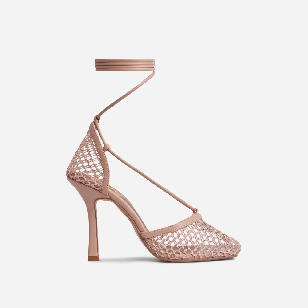 New-Me Lace Up Square Toe Court Heel In Nude Fishnet | EGO Shoes (US & Canada)