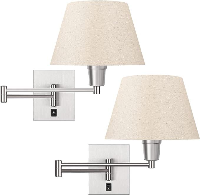 Amazon.com: Swing Arm Wall Sconces Set of 2, Indoor Plug in Wall lamp with White Fabric Shade Har... | Amazon (US)