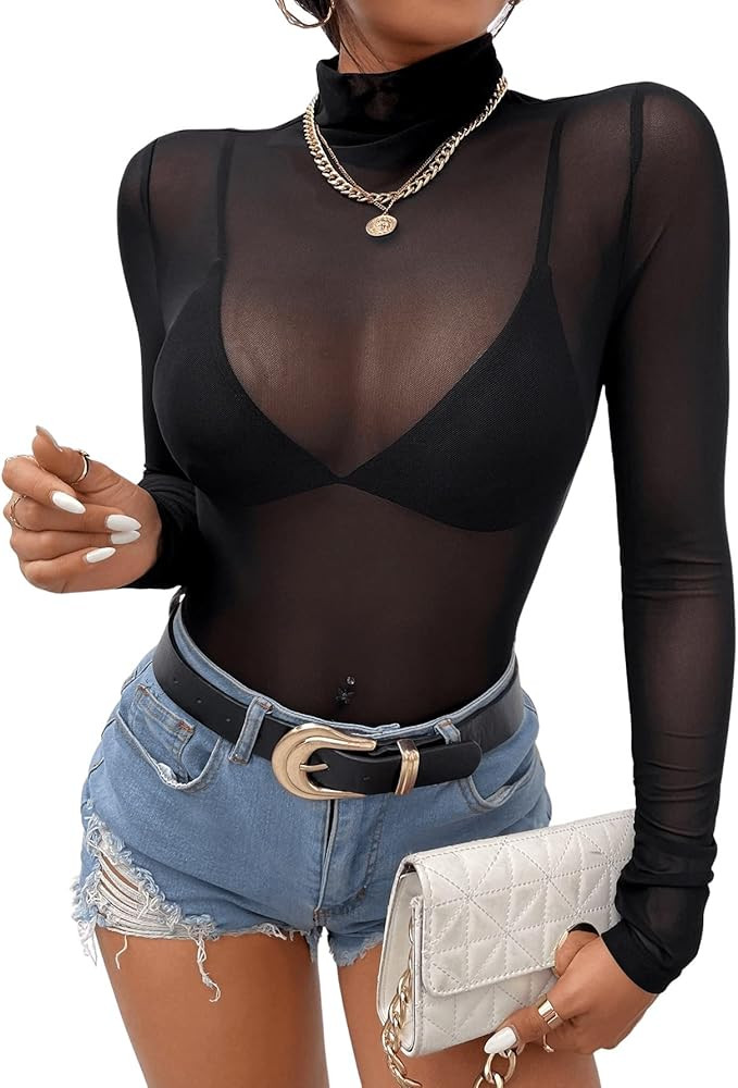 SweatyRocks Women's See Through Shirts Basic Long Sleeve Sheer Mesh Crop Tops | Amazon (US)