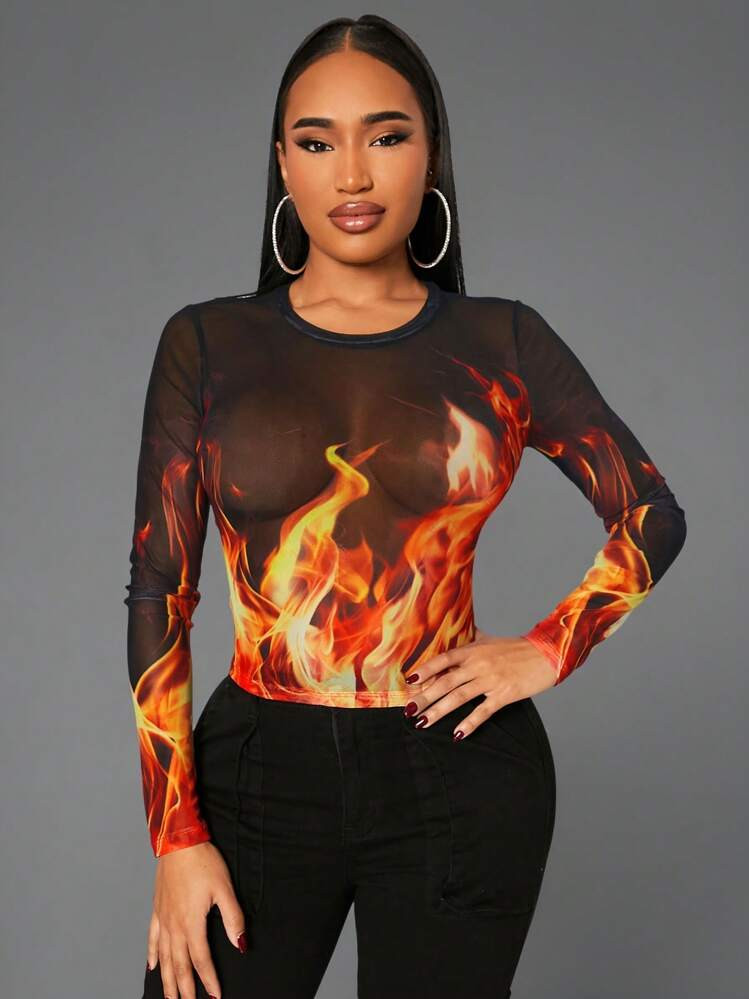 SHEIN SXY Spring And Summer Street Casual Daily Comfortable Sexy Nightclub Rock Hottie Music Festival Black Flame Print Mesh See-Through Fabric Round Neck Long Sleeve Short Women's Tops | SHEIN