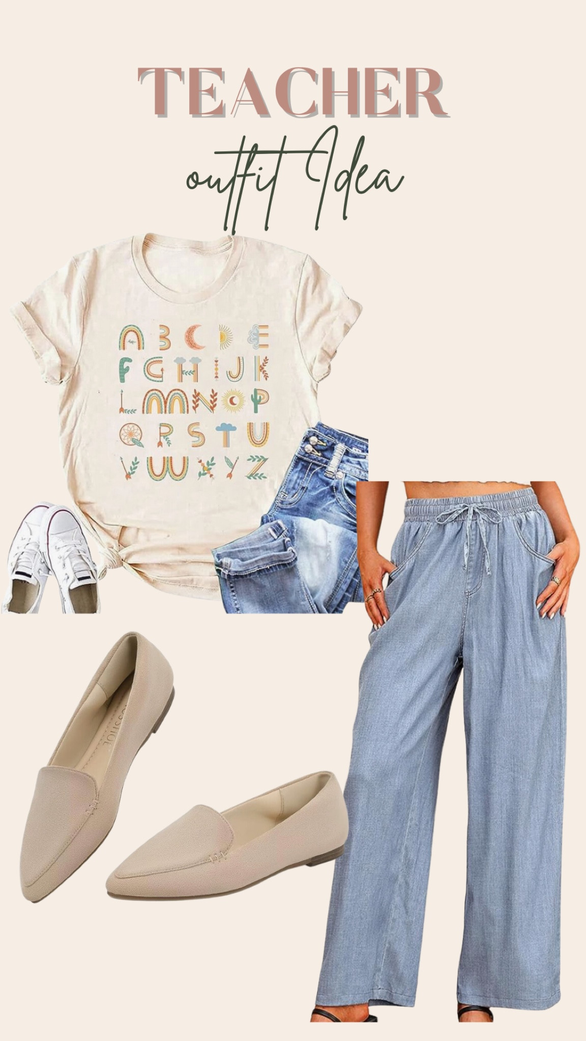 Teacher outfit idea, graphic tee, jean pants, trouser pants, drawstring pants, pointed toe flats 

#LTKunder100 #LTKSeasonal #LTKstyletip