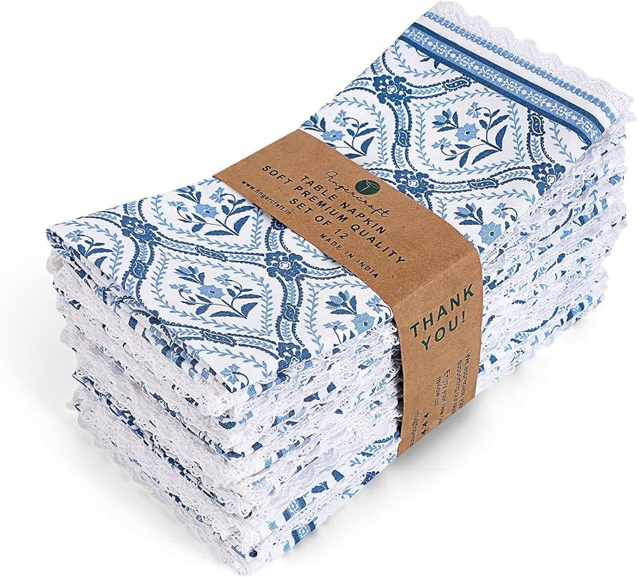 FINGERCRAFT Dinner Cloth Napkin Cotton Linen Blend 4 Pack Mitered Corners with Elegant Lace for E... | Amazon (US)