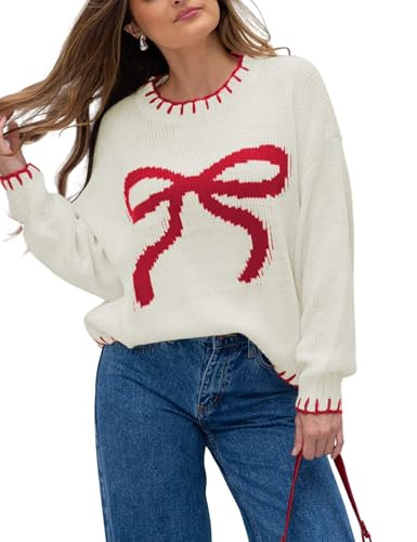 Women Y2K Bow Knit Sweater Crew Neck Long Sleeve Knitted Pullover Oversized Contrast Trim Knitwea... | Amazon (US)
