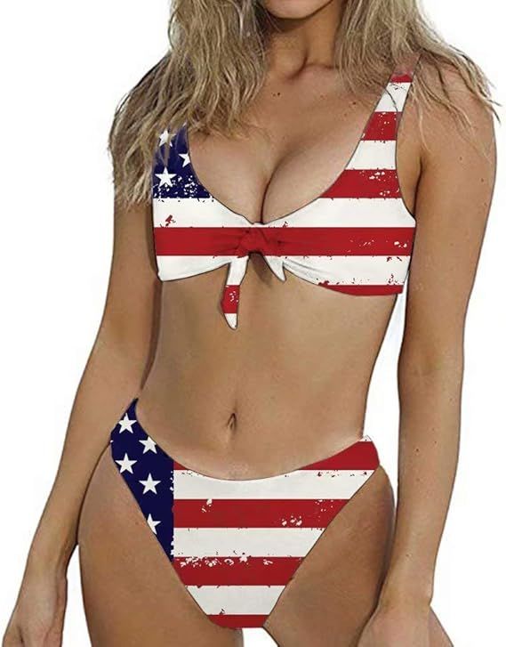 LedBack Cool American Flag Print Women's Sexy Bikini Thong Bandage Swimsuit Tie Knot Front Swimwe... | Amazon (US)
