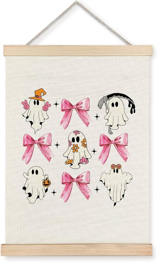 Supwhd Cute Halloween Ghosts Wall Art with Wooden Poster Hanger, Trendy Preppy Pink Bow Coquette ... | Amazon (US)