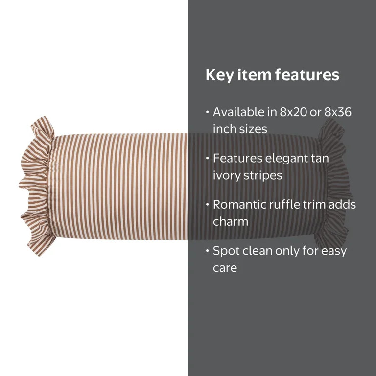 Home Decor Collection 8" x 20" Tan Striped Ruffle Bolster Decorative Pillow | Walmart (US)